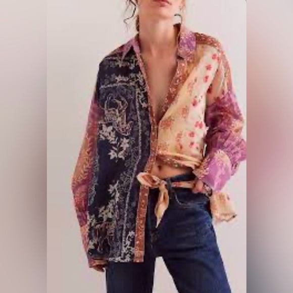 Sale!▪️NWT Free People Flower Patch Long Sleeve Top in Saddle Combo - Picture 2 of 6